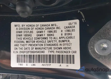 2016 Honda Civic Lx from USA, damaged, VIN 2HGFC2F59GH543340
